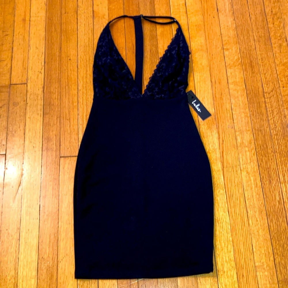 Lulus LBD Little Black Lace Halter Dress sz XS open back new